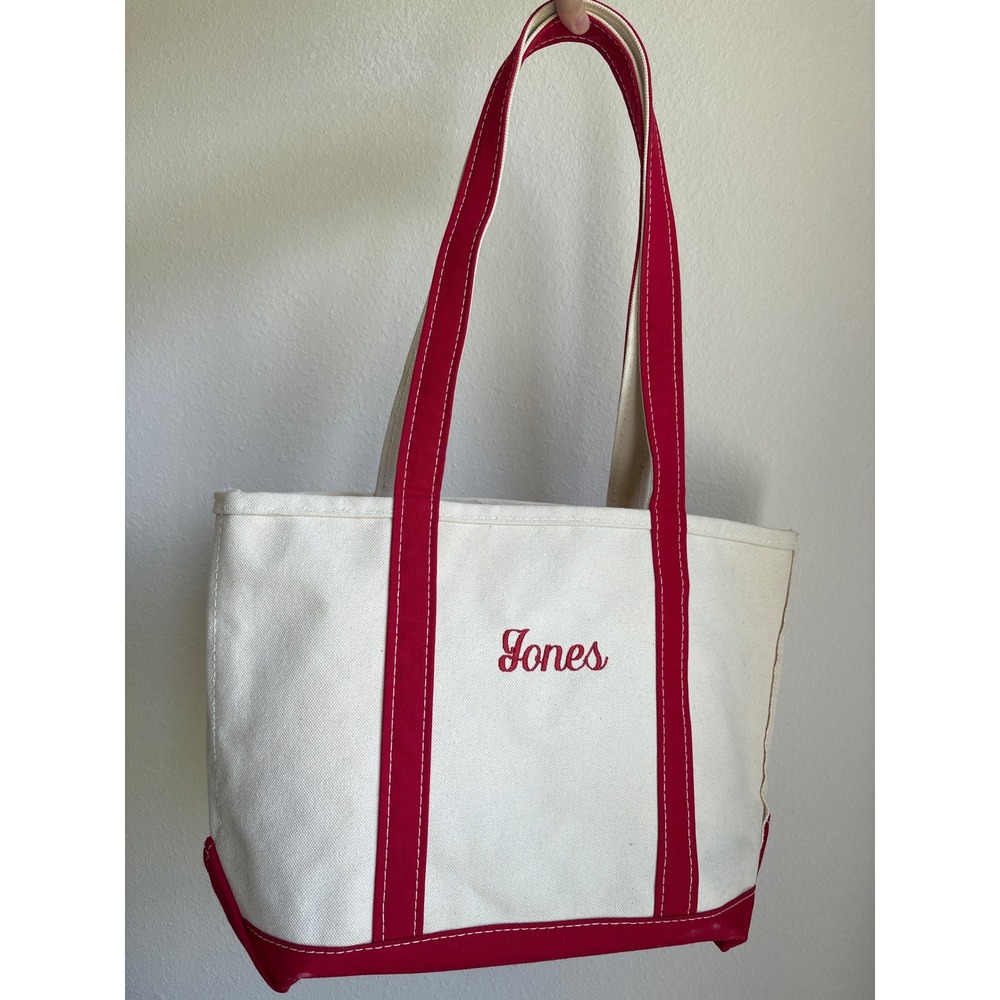 L.L. Bean Boat & Tote Bag Classic Red Trim Long Handles "Jones" Embroidered
